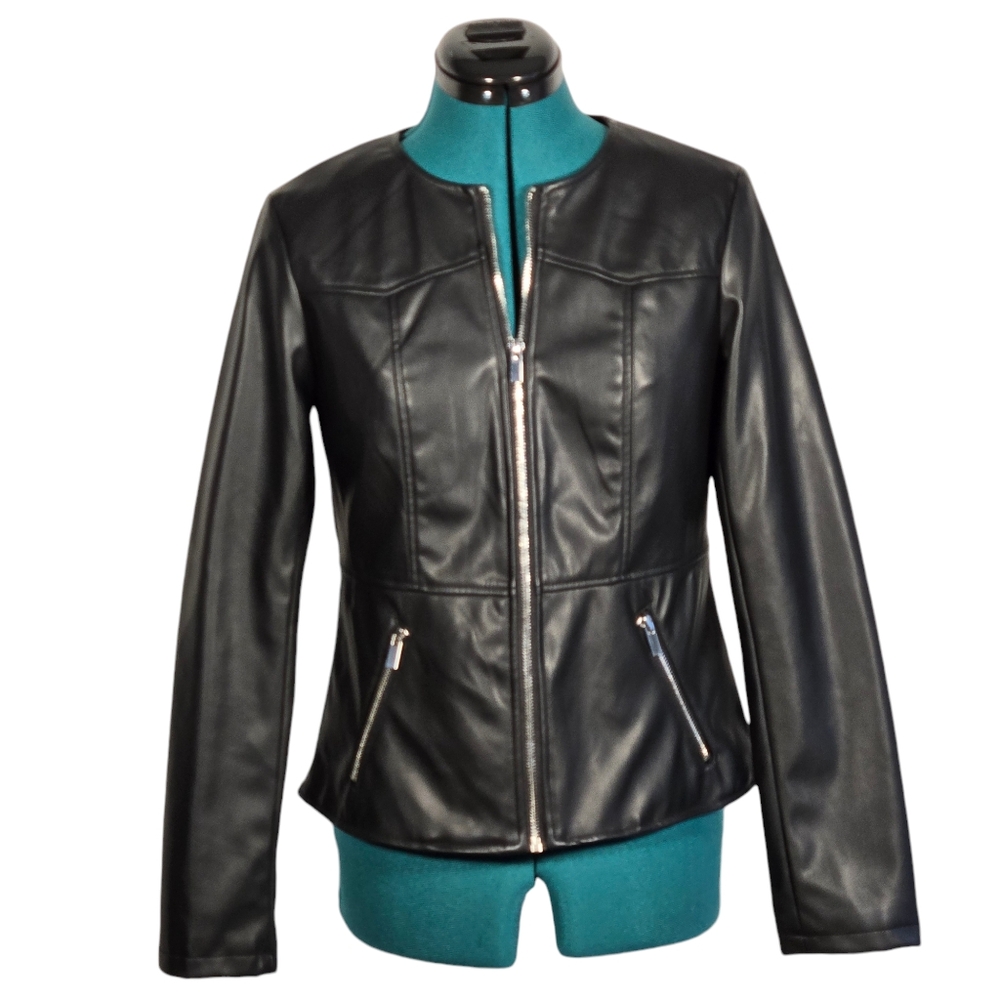 Tahari Faux Leather Black Jacket Blazer Peplum Size 4 NWOT
